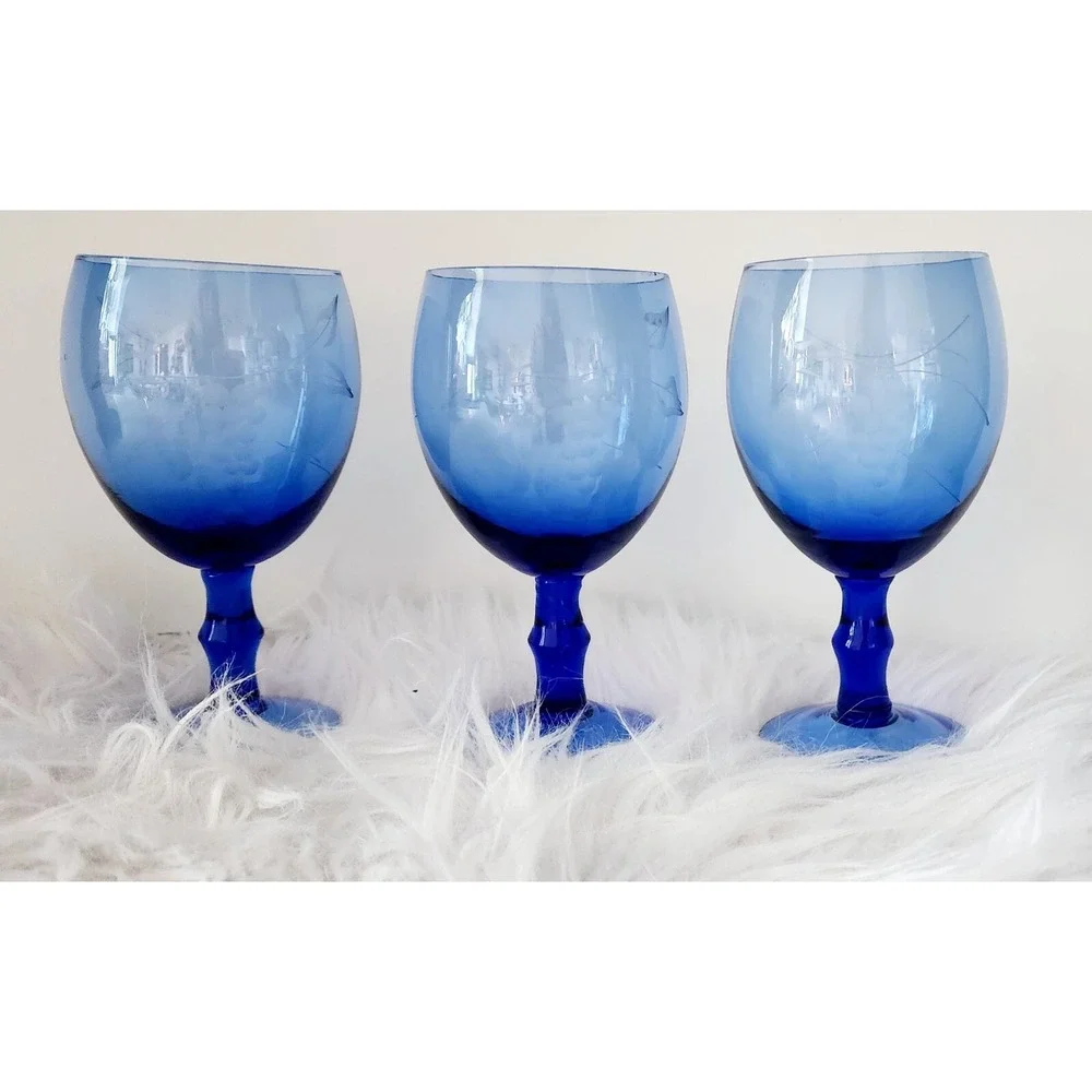 Vintage Etched Grapes Colbalt Blue Wine Glasses Set Of 3